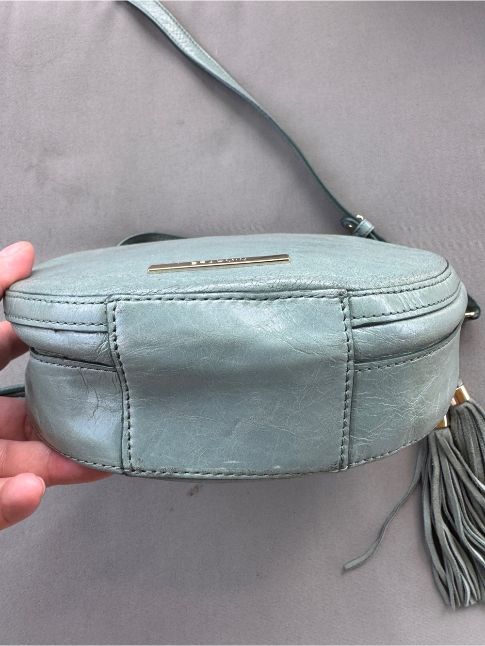Brahmin Lane Circle Crossbody Bag Sage Green Leather Round Tassel Top Handle - Picture 10 of 16